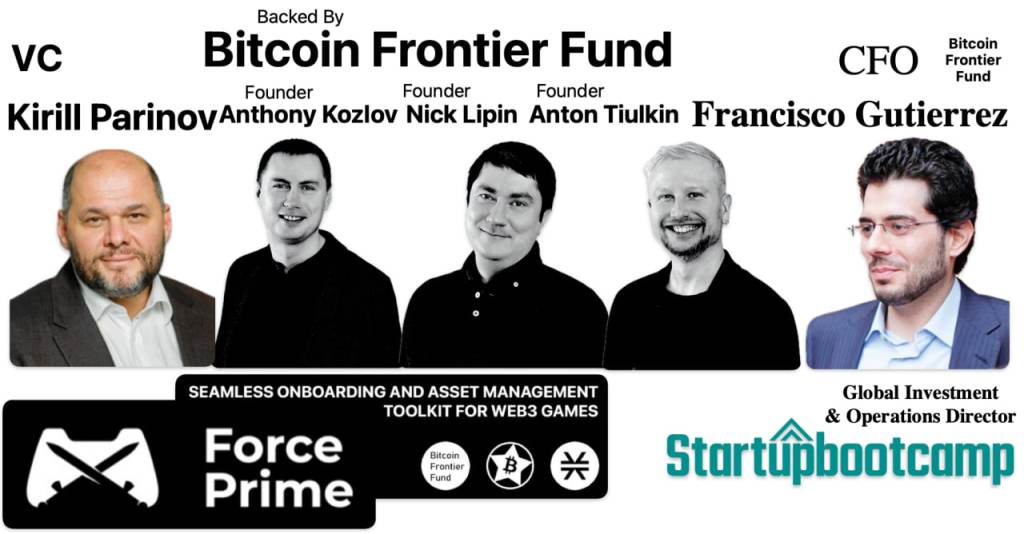 Force Prime backed by Bitcoin Frontier Fund Accelerator: Building Fully On-Chain Games! Founders Anthony Kozlov, Nick Lipin, Anton Tiulkin and advisor Kirill Parinov.